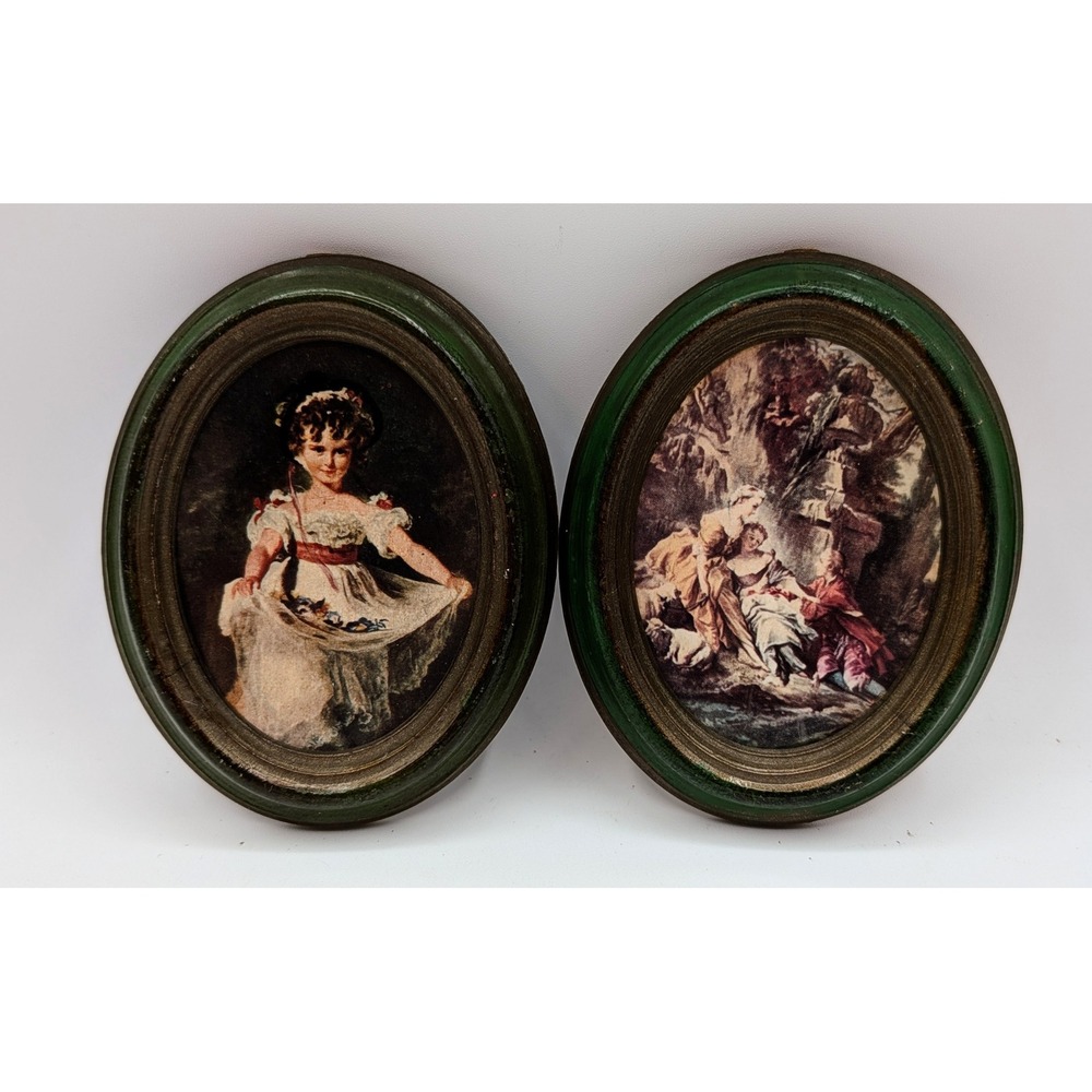 Vintage Italian Miniature Oval Framed Art Prints O.F.M. Made in Italy Pair